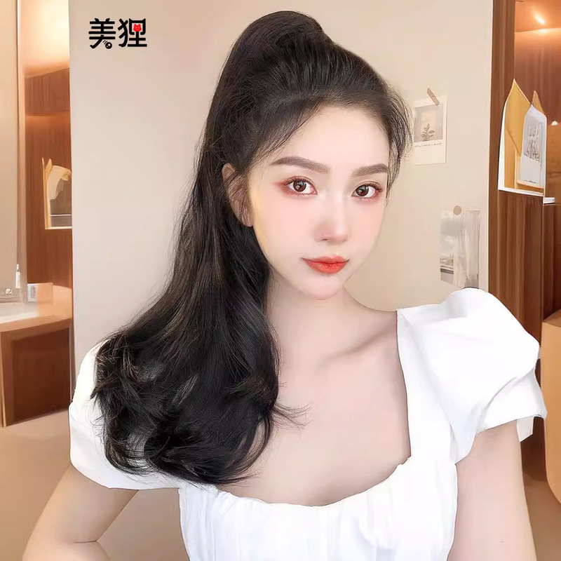 Paiko Wig Female Ponytail Slightly Curly Natural Connection Real Hair Visual Elongated Neck Cute Slightly Curly Artificial Hair Ponytail