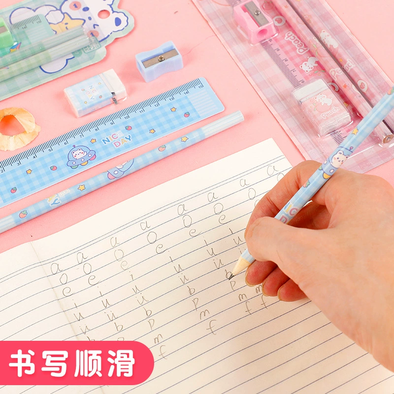 Set for students, eraser, sharpener, ruler, children's teaching stationery, 5 pieces
