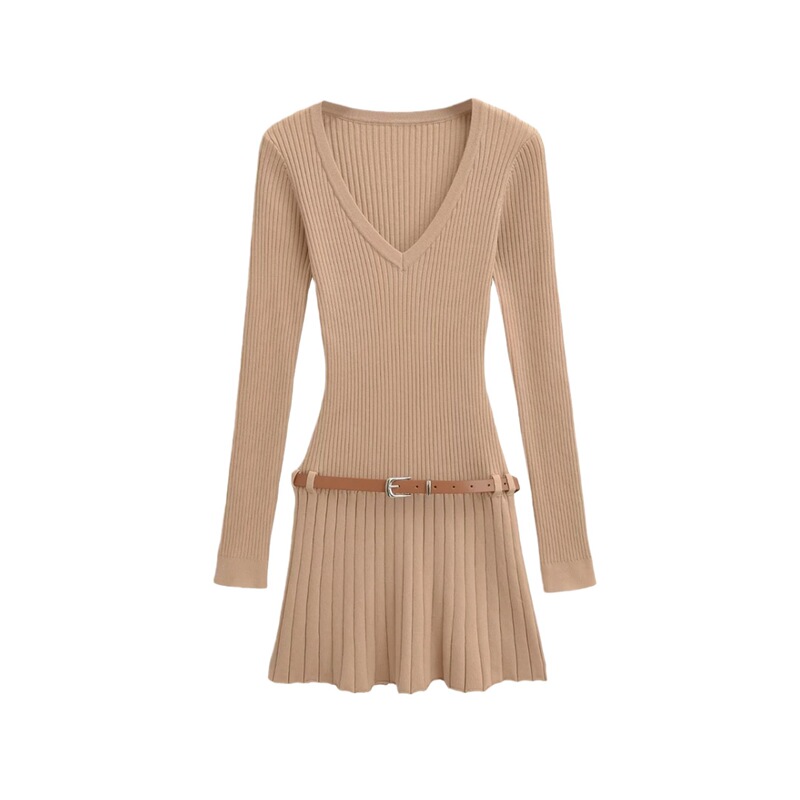 Sexy Hot Girl Deep V-Neck Long Sleeve Dress Women's French Retro Knitted Pit Strip Slim Bottoming A-Line Short Skirt Solid Color