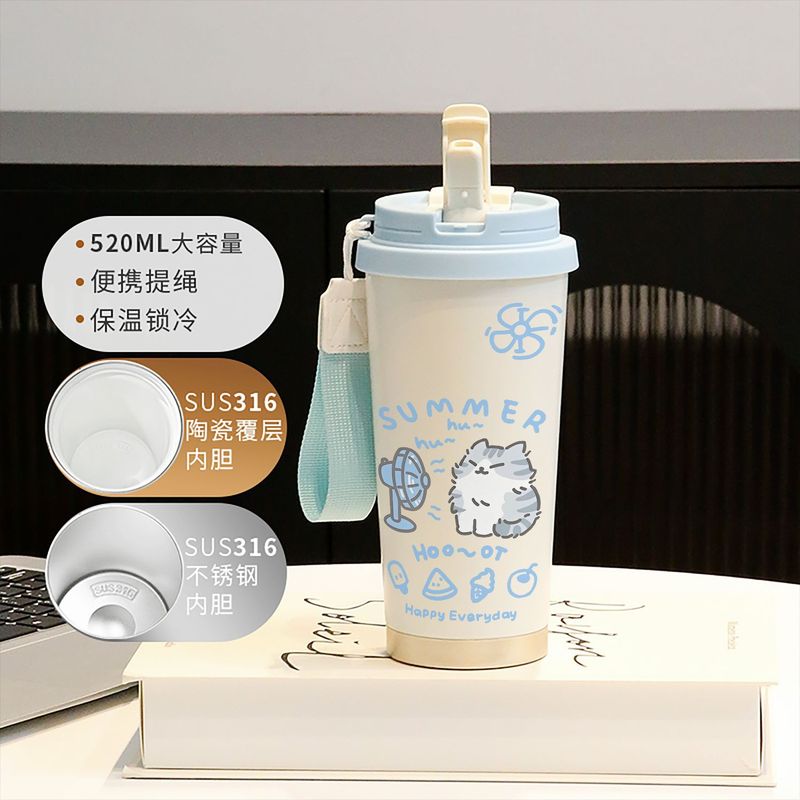 新款童趣咖啡杯316不锈钢保温杯卡通带吸管杯子双饮高颜值喝水杯|undefined