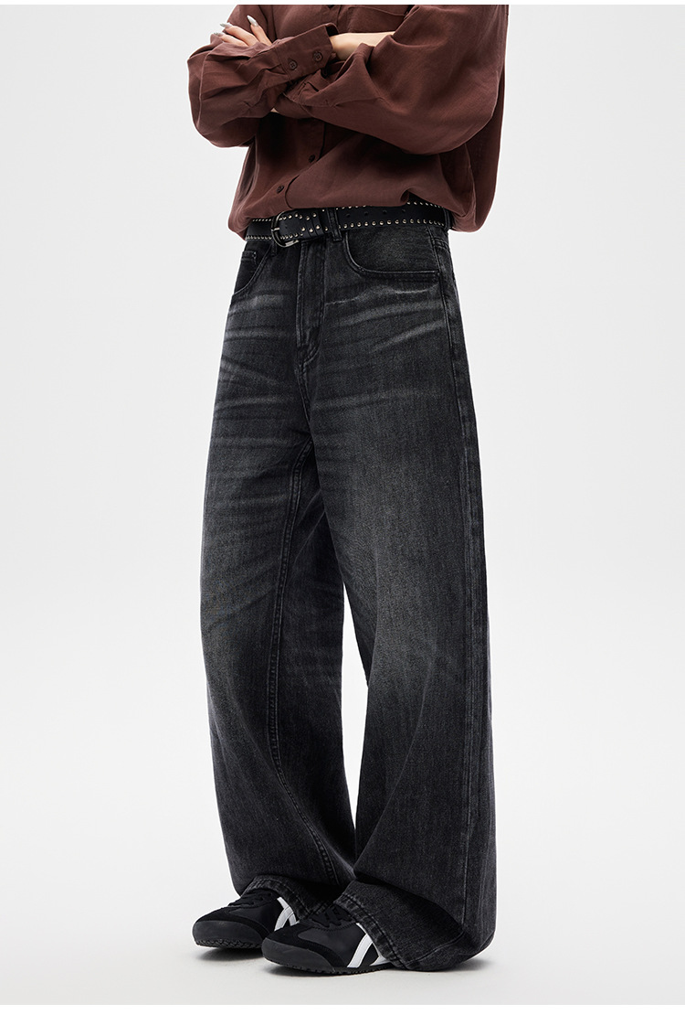 Men's Clothing Whiskered Denim Jeans American Style Straight Leg Retro Loose Fit Wide Leg Washed Black Trousers For Men And Women_mkmklike.com