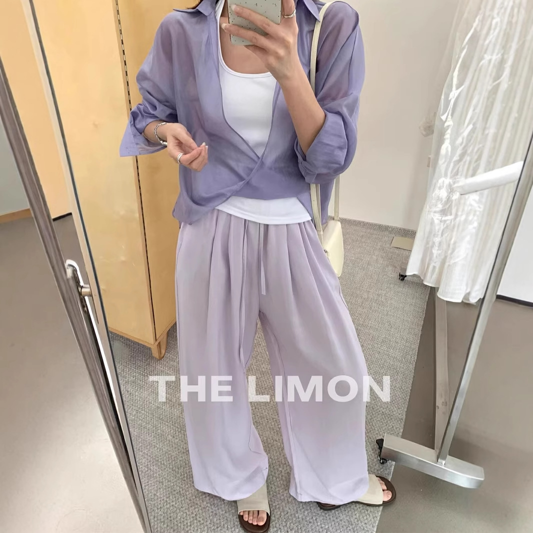 Liquidación, sin devoluciones ni cambios, color verde limón y té, pantalones rectos de pierna ancha con cordón elástico en la cintura para mujer, pantalones largos holgados, novedad de verano 2025. image 3