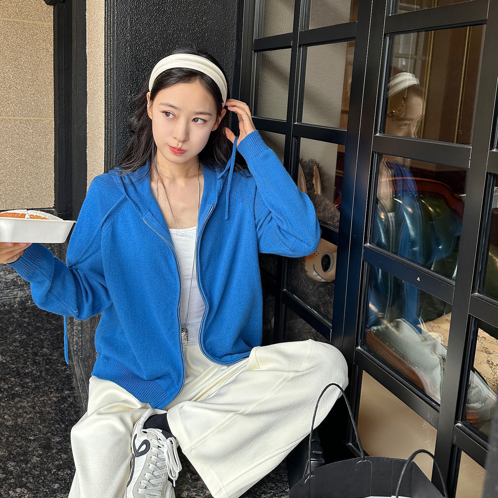 巨洋气！克莱因蓝时尚百搭连帽宽松韩系休闲开衫带帽毛衣外套女秋