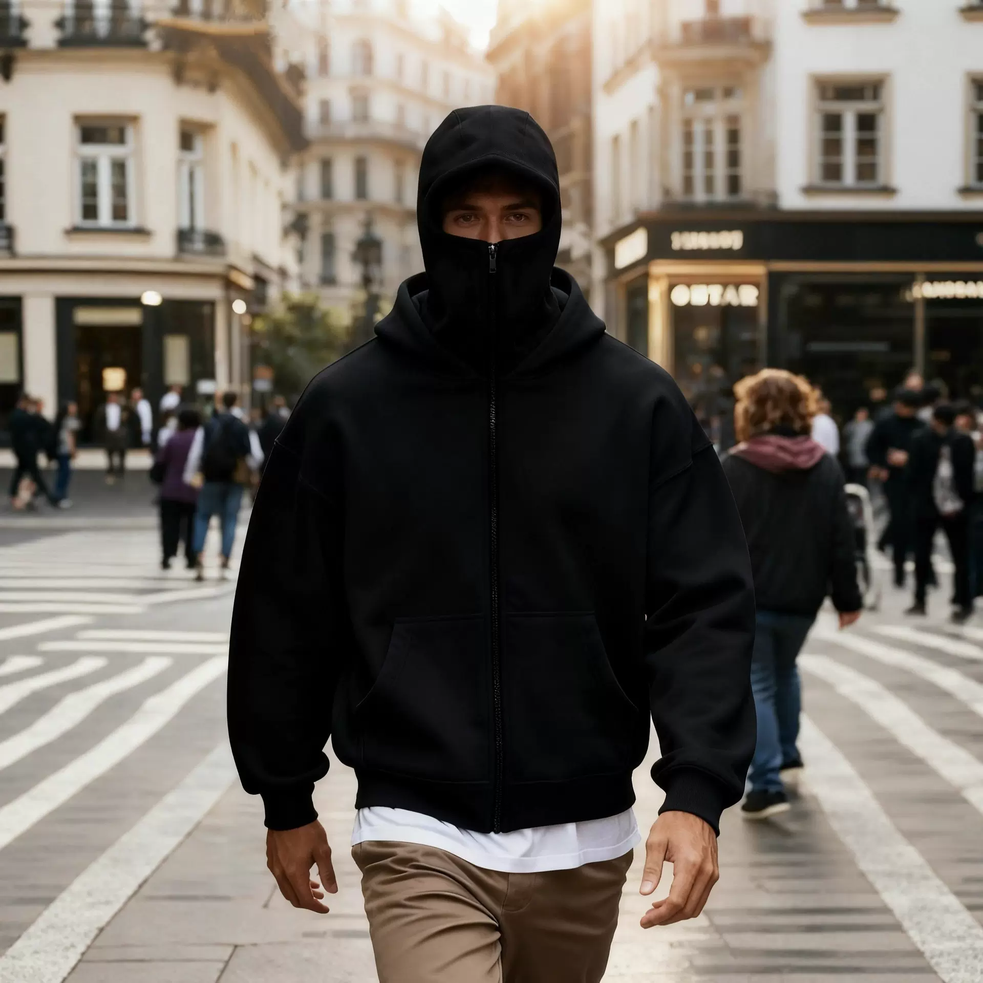 【现货•当天发】蒙面悍匪设计男士纯色双帽开衫卫衣跨境爆款外套