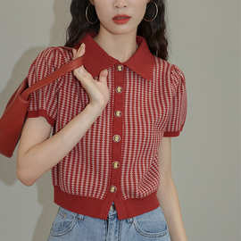 复古红色菱格泡泡袖针织上衣女夏法式撞色Polo领薄款短袖气质小衫