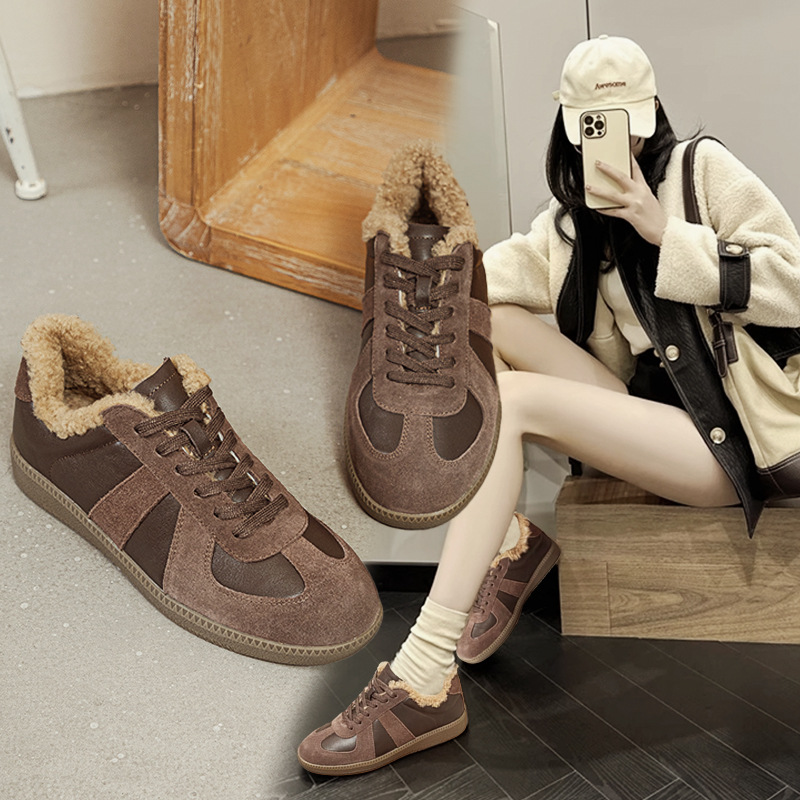 头层牛皮复古皮毛一体德训鞋女百搭运动平底休闲板鞋系带羊皮小白