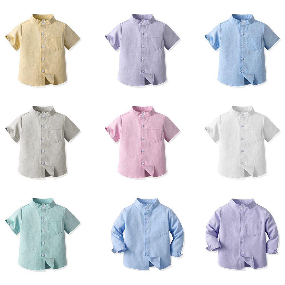Camisas para niños Amazon ropa para niños transfronteriza de manga corta macaron color caramelo cuello alto camisa de estilo de moda de un solo pecho