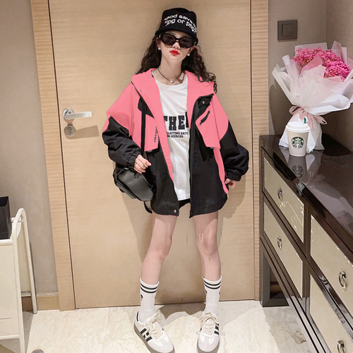 Girls  new spring style children's versatile tops, fashionable spring clothes, medium and large children's color-blocked jackets