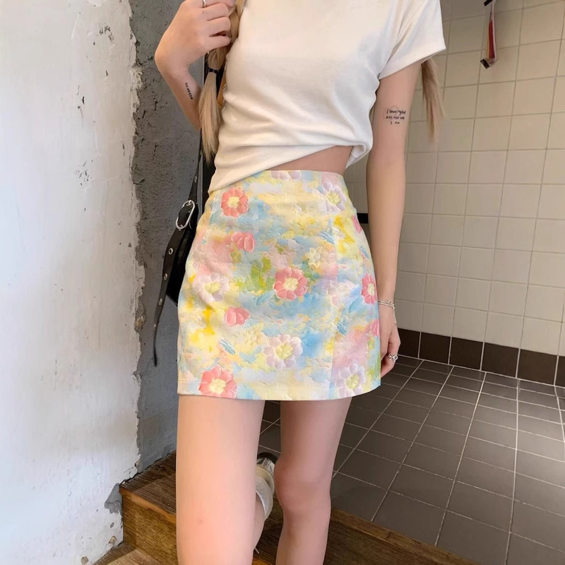 Small Floral Skirt for Women, Summer High-Waisted Slimming Look A-Line Skirt, Niche Chic Oil Painting Skirt, Hip-Covering Skirt, Versatile Short Skirt