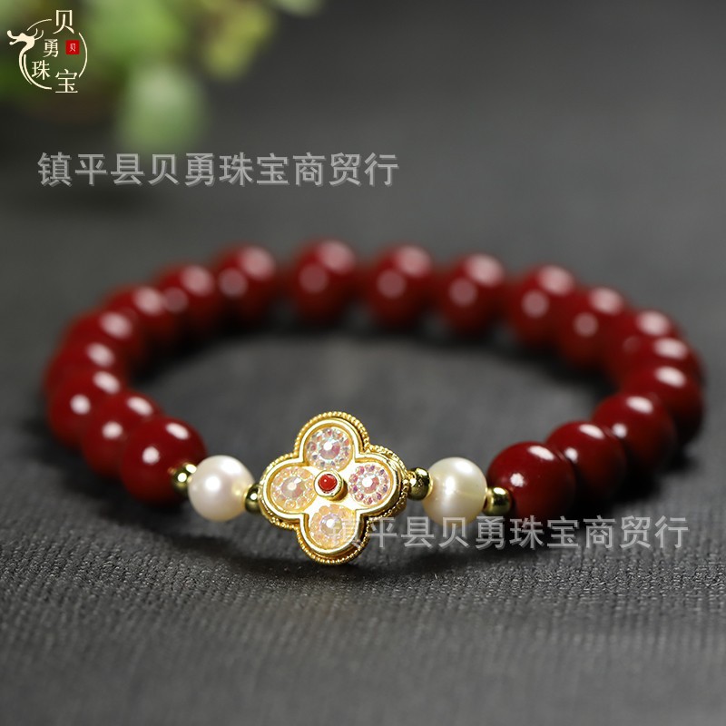 Bulk Red Cinnabar Purple Gold Sand Bracelets with Accents, Four-Leaf Clover Bracelets for Women, Zhen Yuan Year Handicraft Decorative Accessories