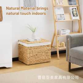 跨境水葫芦草编收纳筐带盖衣物被褥储物筐客厅玩具整理筐零食筐
