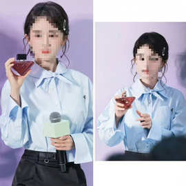 杨幂明星同款蓝色减龄蝴蝶结系带衬衫早秋长袖翻领纯色上衣女