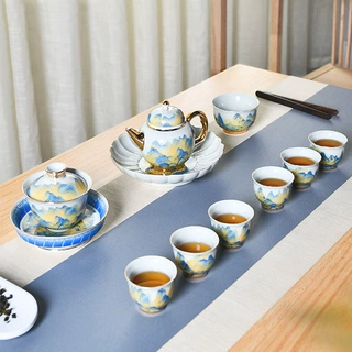 景德镇老泥料仿古陶瓷功夫茶具套装手工鎏金茶壶千里江山品茗杯