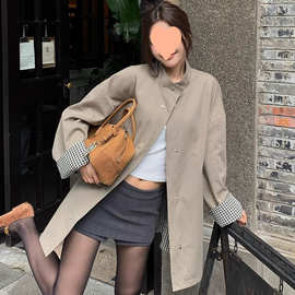 高级感气质慵懒风设计感双面穿格纹立领质感风衣外套女中长款上衣