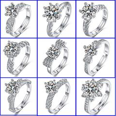 千弘 直播女戒仿莫桑石戒指女ins皇冠六爪1克拉鋯石開口戒子鑽戒