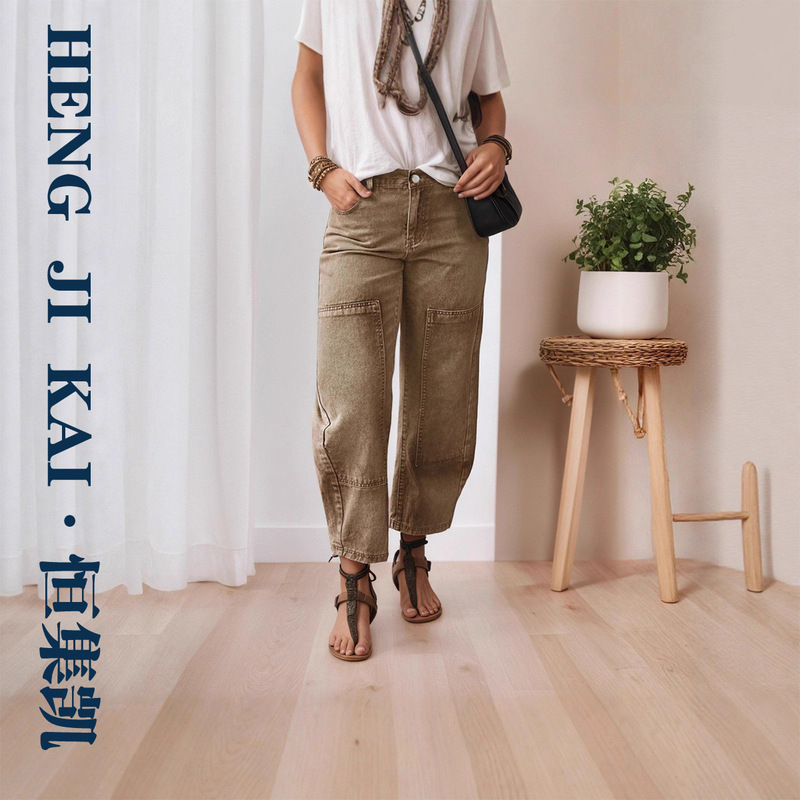 Cross-Border European and American Style Barrel-Shaped Jeans Wide-Leg Loose Casual Fit Nine-Point Jeans Cross-Border European and American Style Barrel-Shaped Jeans Wide-Leg Loose Casual Fit Nine-Point Jeans
