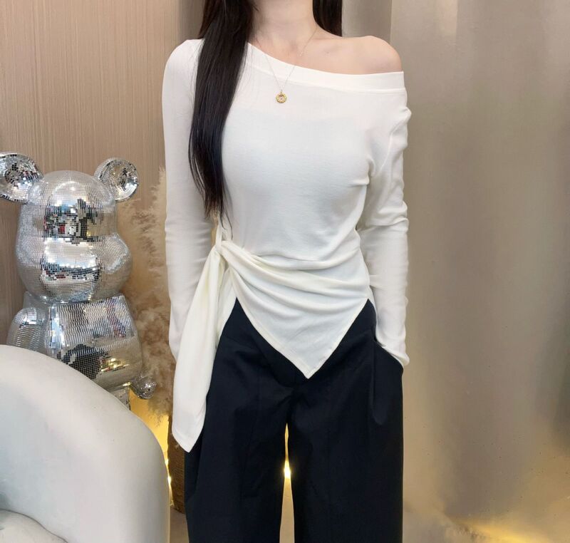 韩系条纹不规则开叉斜肩长袖T恤女装早秋季收腰设计感别致上衣潮|undefined