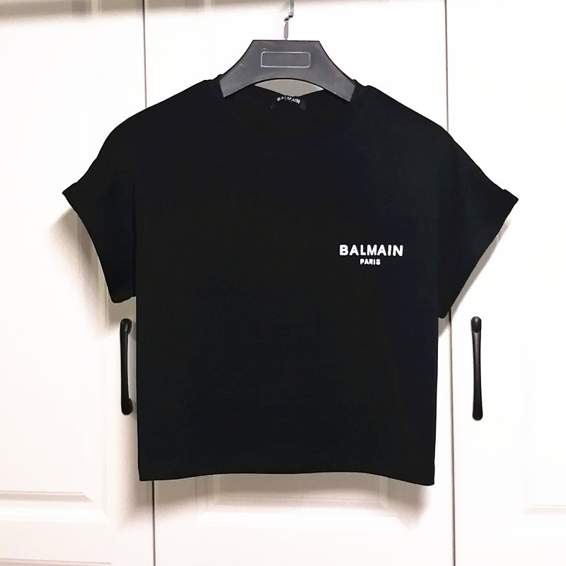European and American Trendy Brand New Balmain T-Shirt Short Flocked Small Letters One-Piece Rolled Sleeves Cotton Versatile Balmain