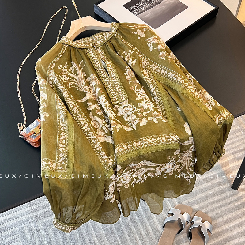 Ethnic Holiday Style Printed Shirt Tops for Women 2025 Summer New Retro Splicing Lace Round Neck Lazy Shirt