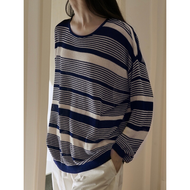 Autumn New Korean Style Lazy Simple Striped Round Neck Sweater Loose Slimming Pullover Casual Top for Women