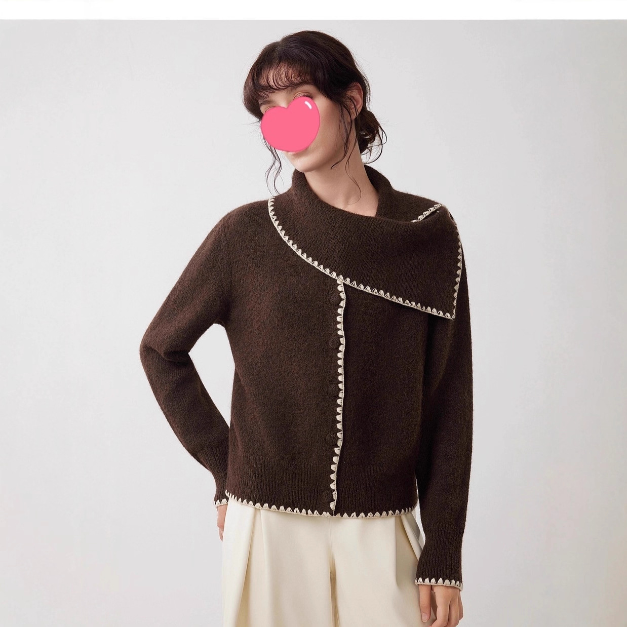 绒冬织语复古围巾领撞色毛衣女冬设计感慵懒毛针织衫