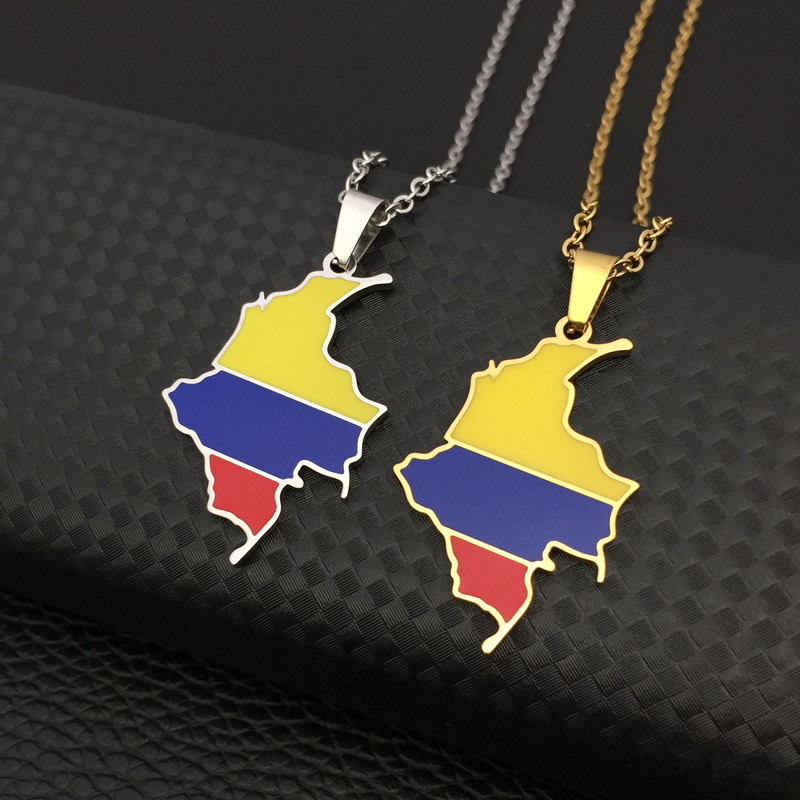 Colombia Map Flag Necklace Stainless Steel Oil-Drip Pendant Cross-Border Hot-Selling Unisex Clavicle Chain