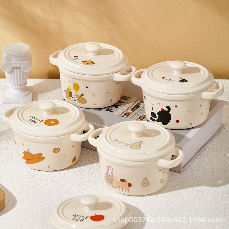 Double-Ear Steaming Egg Bowl with Lid, Ceramic Household Steaming Bowl for Egg Custard, Ceramic Stew Pot, Soup Bowl, Baby Food Supplement Small Bowl