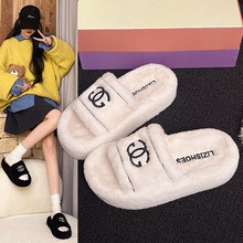 毛毛拖鞋女外穿2025秋冬新款厚底刺绣字母毛毛鞋百搭洋气家居棉拖