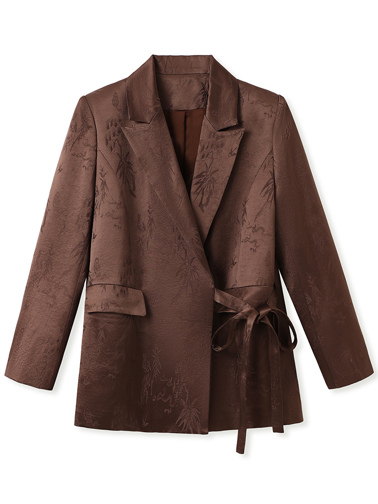 Áo khoác blazer nữ phong cách Trung Hoa cao cấp, chất liệu acetate in họa tiết dân tộc, buộc dây trước — đen, Màu cà phê