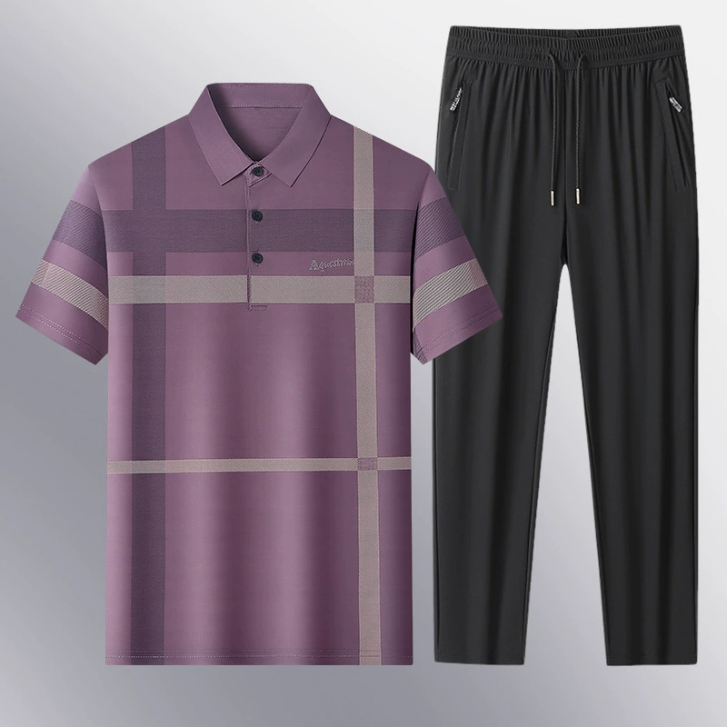 Летний популярный костюм из ледяного шелка с лацканами, короткими рукавами, для мужчин среднего и старшего возраста, деловой повседневный поло, двухкомпонентный костюм для папы