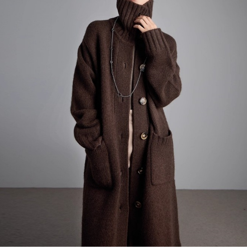 韩国秋冬装韩版宽松翻领大版大衣女长款毛衣外套纯色长袖针织开衫