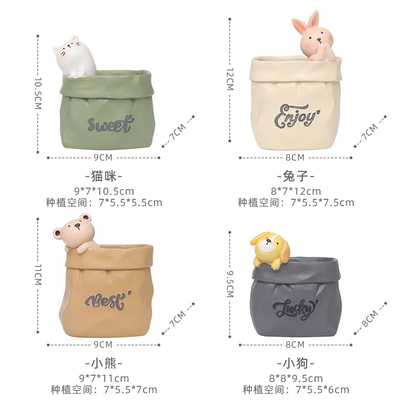 Chậu cây mọng nước hình túi giấy động vật hoạt hình resin, chậu mini trang trí bàn, văn phòng và tiểu cảnh (RG-102)