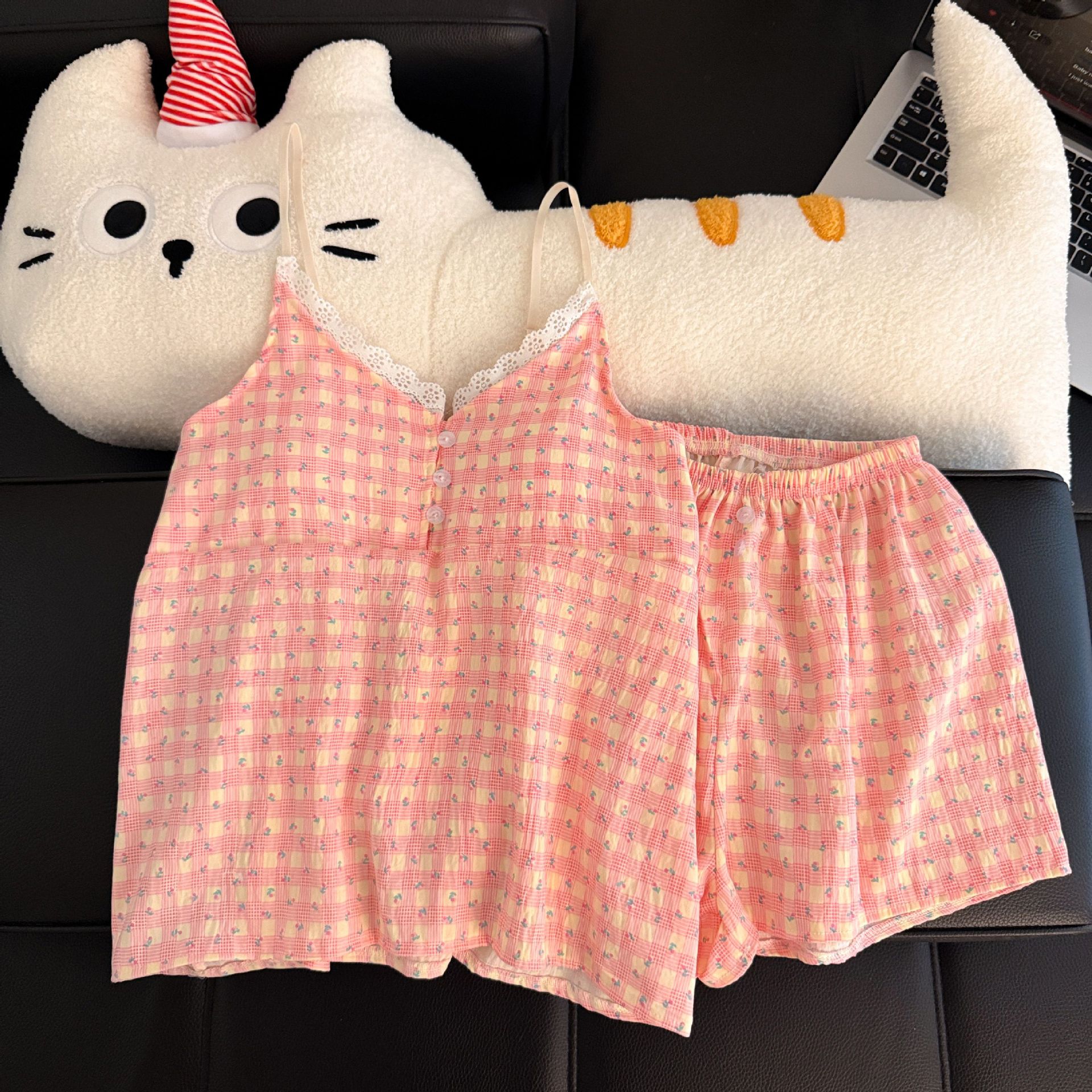 Pantalones cortos con cojín de pecho al por mayor transfronterizo pijamas de verano nuevo algodón nublado dulce conjunto de ropa de casa a cuadros