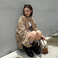 外贸跨境25Fw原标MIU缪家网红款贴布刺绣格纹夹克开衫外套男女