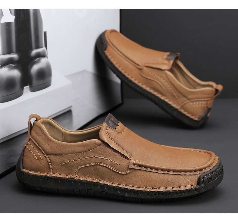 Giày lười nam da bò khâu thủ công cổ thấp mũi tròn, đế bằng — 9914 kaki, 9914 màu đen, 9914 nâu sẫm, Màu xám 9914 chi tiết 21