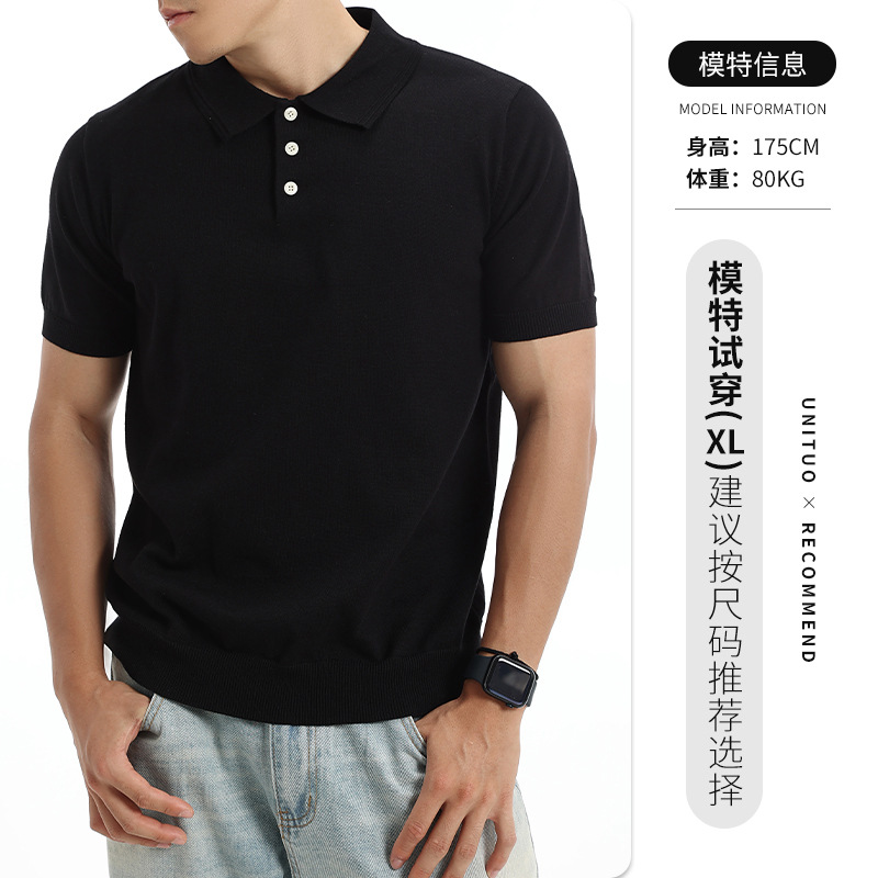 Vento japonés para hombres de punto de manga corta polo camiseta de collar sólido para hombres de verano de negocios casual alta sensación de ropa de hombre