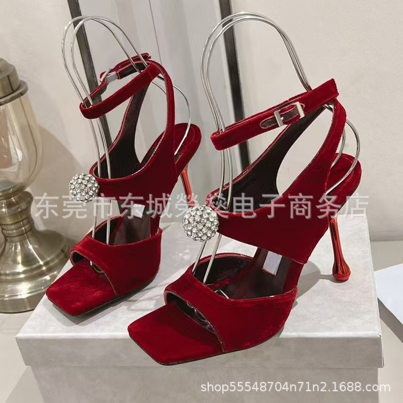 2025 Early Spring New Velvet Square Toe High Heel Sandals Fashionable Sexy Rhinestone Ball Thin Heel Open Toe Women's Shoes