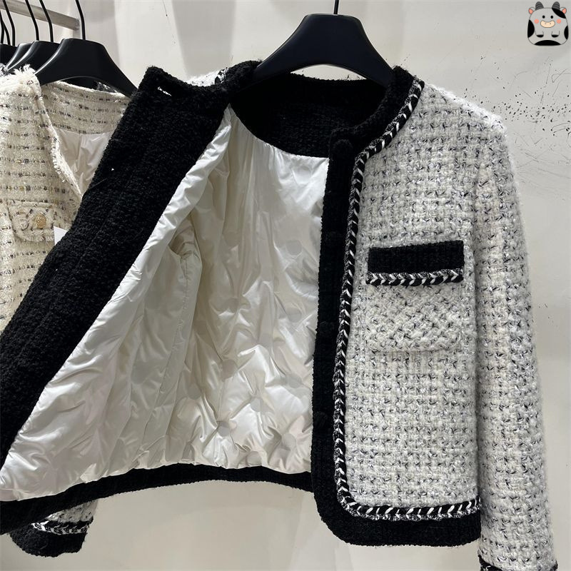 Chanel-Style Women's Winter New French Short down Jacket with Contrasting Colors, Thickened White Duck down Lining, and Tweed Coat