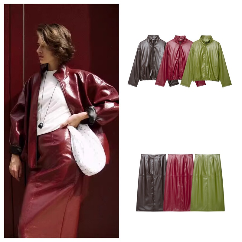 Cross-Border Wholesale 2025 Autumn New Women's American Retro Stand-Up Collar Leather Jacket Jacket Skirt Pants Suit Women