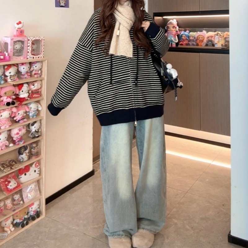 红色条纹拉链连帽毛衣开衫女秋冬季韩系氛围感穿搭慵懒风针织外套|undefined