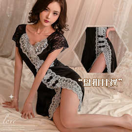 苏氏激情免脱纯欲挑逗性感蕾丝拼接盘扣侧边开衩国潮风家居睡裙装