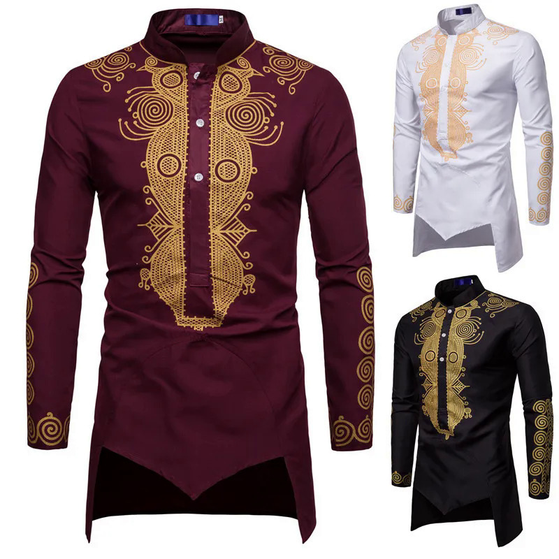 Medium Size Men's Shirt, Men's Clothing, Gold-Plated Printed Stand-Up Collar White Shirt