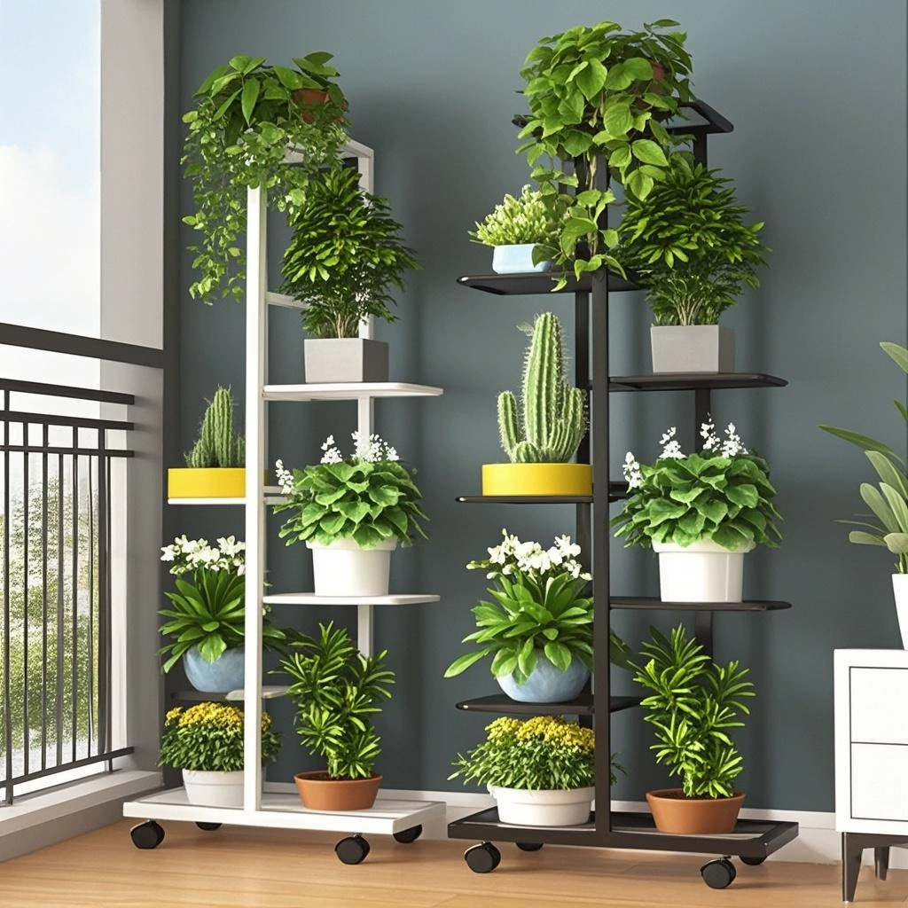 Балконная подставка для цветов с многоярусной конструкцией и колесами, подходит для суккулентов и позиционии, передвижная железная подставка для цветов для гостиной.