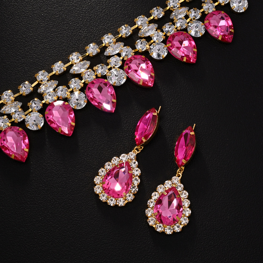 Juego de joyas de gotas de agua de AliExpress, cadena de clavícula de diamantes de imitación exagerada, pendientes simples, accesorios de diamantes completos, Jewelry Set