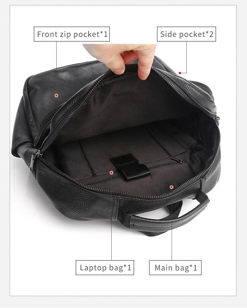 Balo da thật Lion Leiden sức chứa lớn, da bò lớp đầu, chống nước, phù hợp laptop 17 inch — Màu đen chi tiết 14