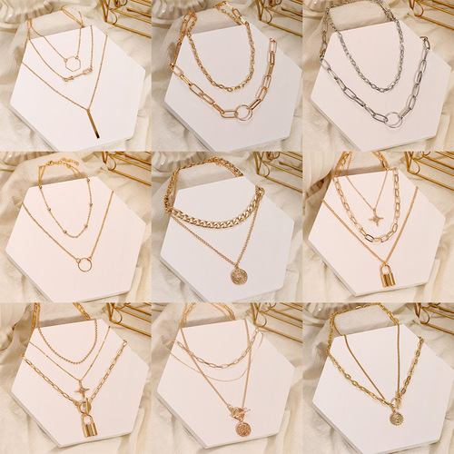 Korean jewelry cross-border European and American retro ring bronze beads multi-layer geometric hexagon circle arrow necklace