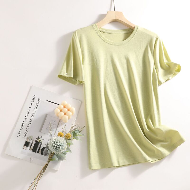 Silk Short-Sleeved T-Shirt for Women, Versatile Pure Color White Mercerized Cotton T-Shirt, Round Neck V-Neck Short-Sleeved T-Shirt, Bottoming Shirt for Women