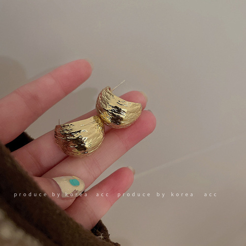 925 Silver Geometric C-Shaped Folded Bead Curved Earrings, Ins Style Cold Metal Stud Earrings, Personality Korean Earrings