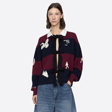 深圳南油女装法式复古款条纹贴花刺绣POLO领系带宽松针织开衫女