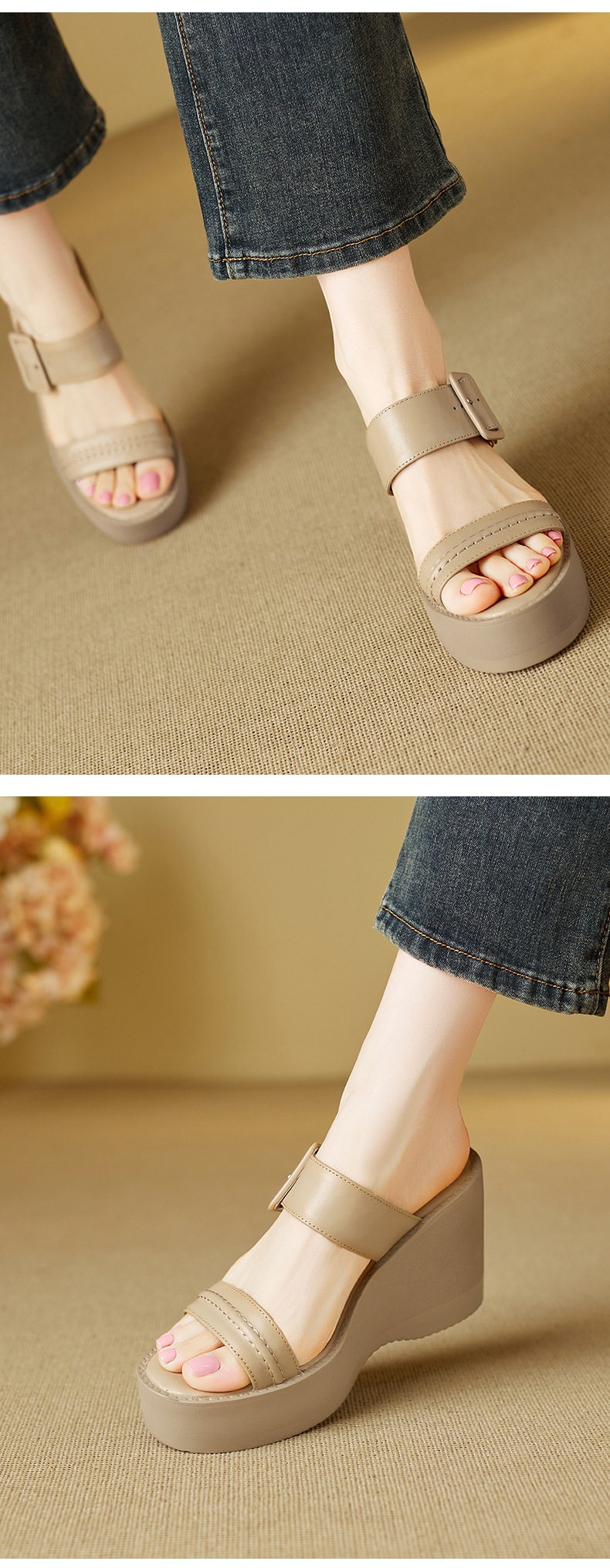 Sandal cao gót nữ hở mũi đế xuồng da bò quai một chữ thắt nút — màu trắng ngà chi tiết 7